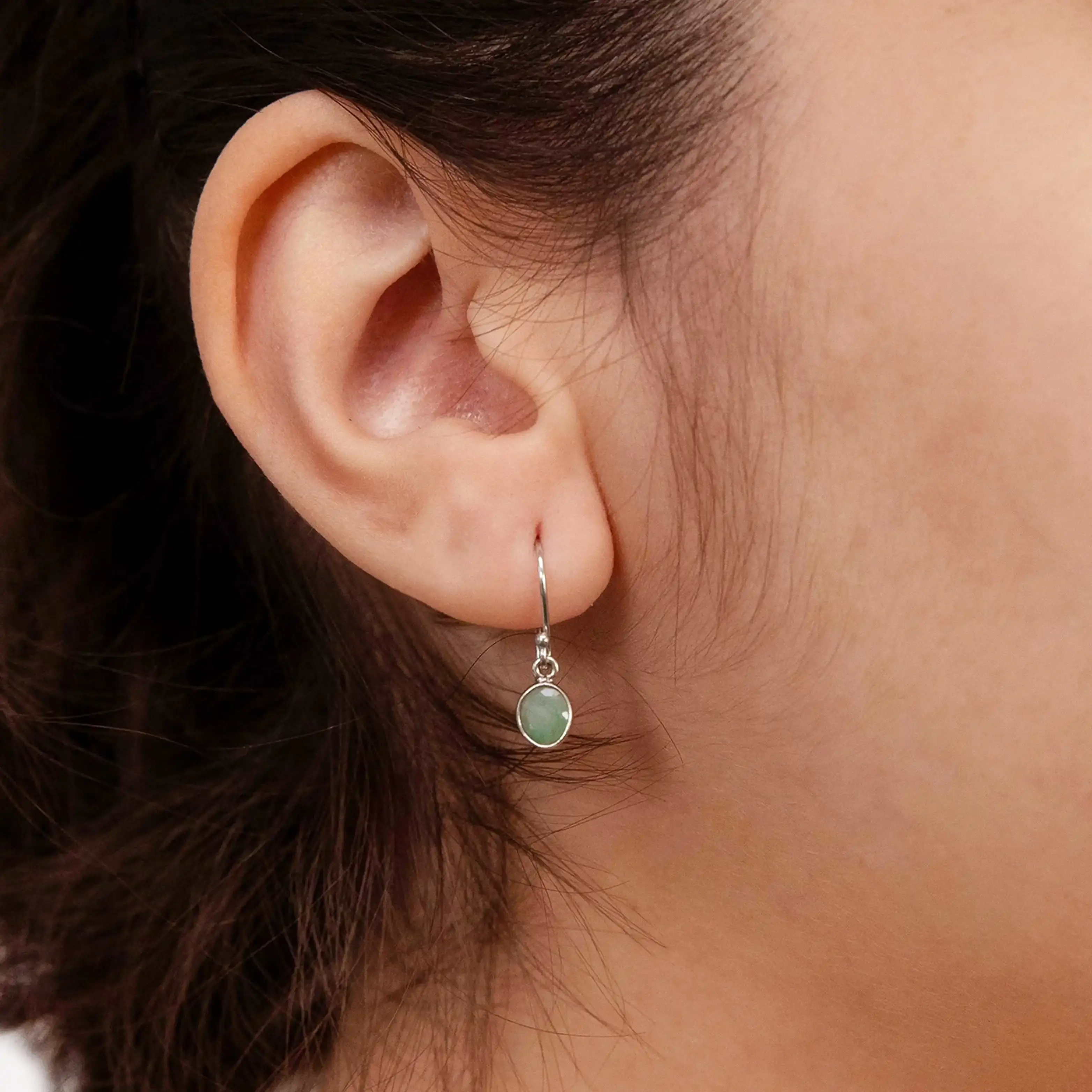 Sterling Silver Natural Emerald Oval Hook Drop Earrings