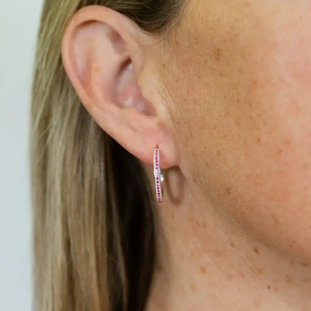 Sterling Silver Red And White Cubic Zirconia On Half Hoop Earrings