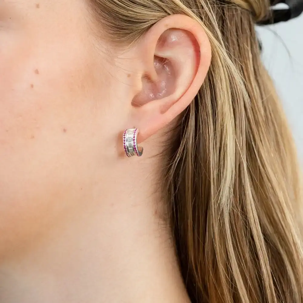 Sterling Silver Red And White Cubic Zirconia On Broad Half Hoop Earrings