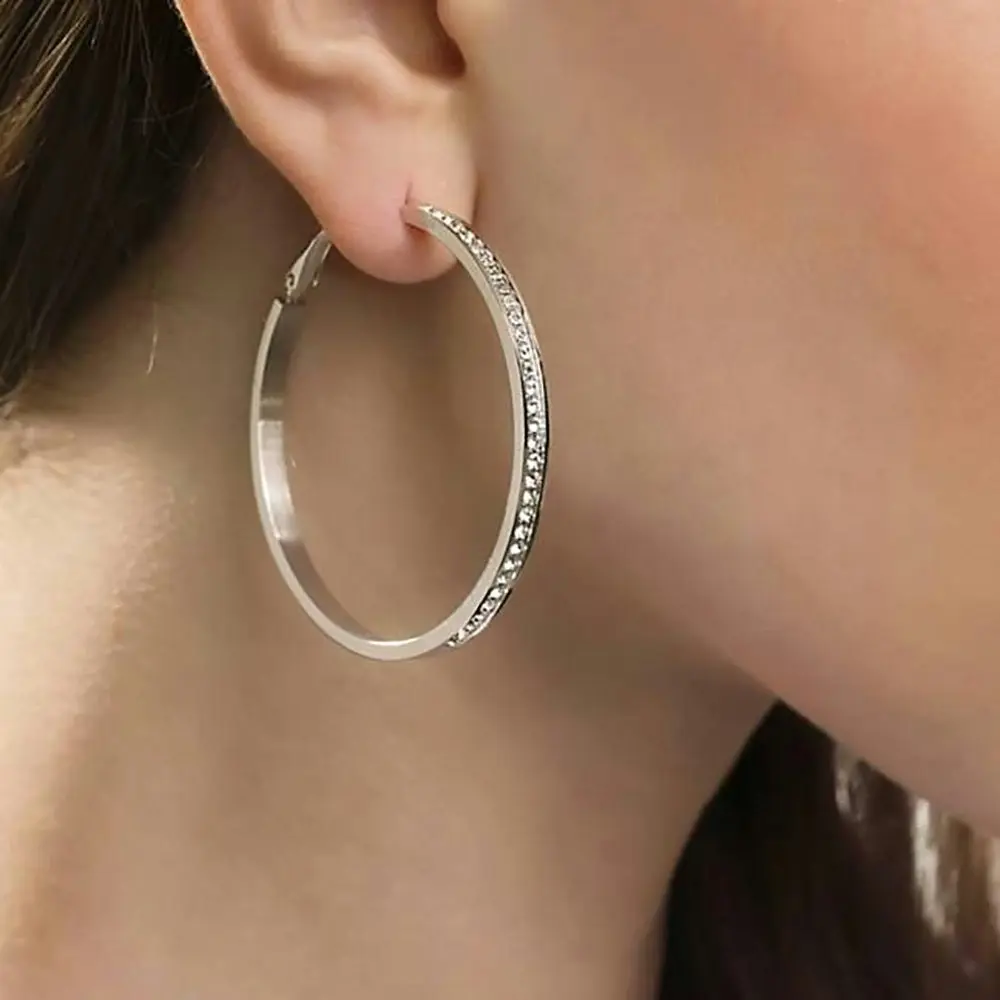 Guess Silver Plated 50mm Front Crystal Pave Hoops