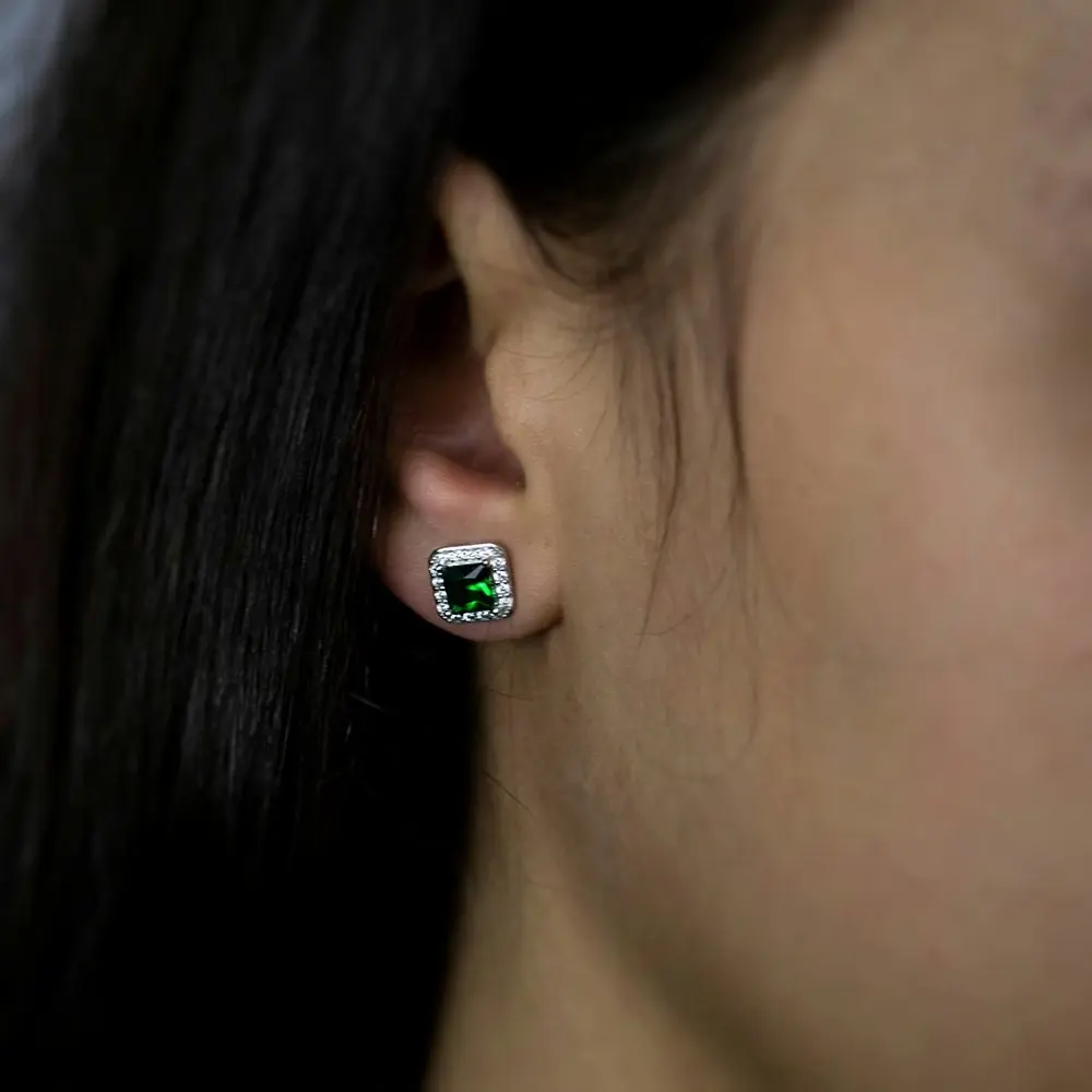 Sterling Silver Green and White Zirconia Cushion Cut Stud Earrings