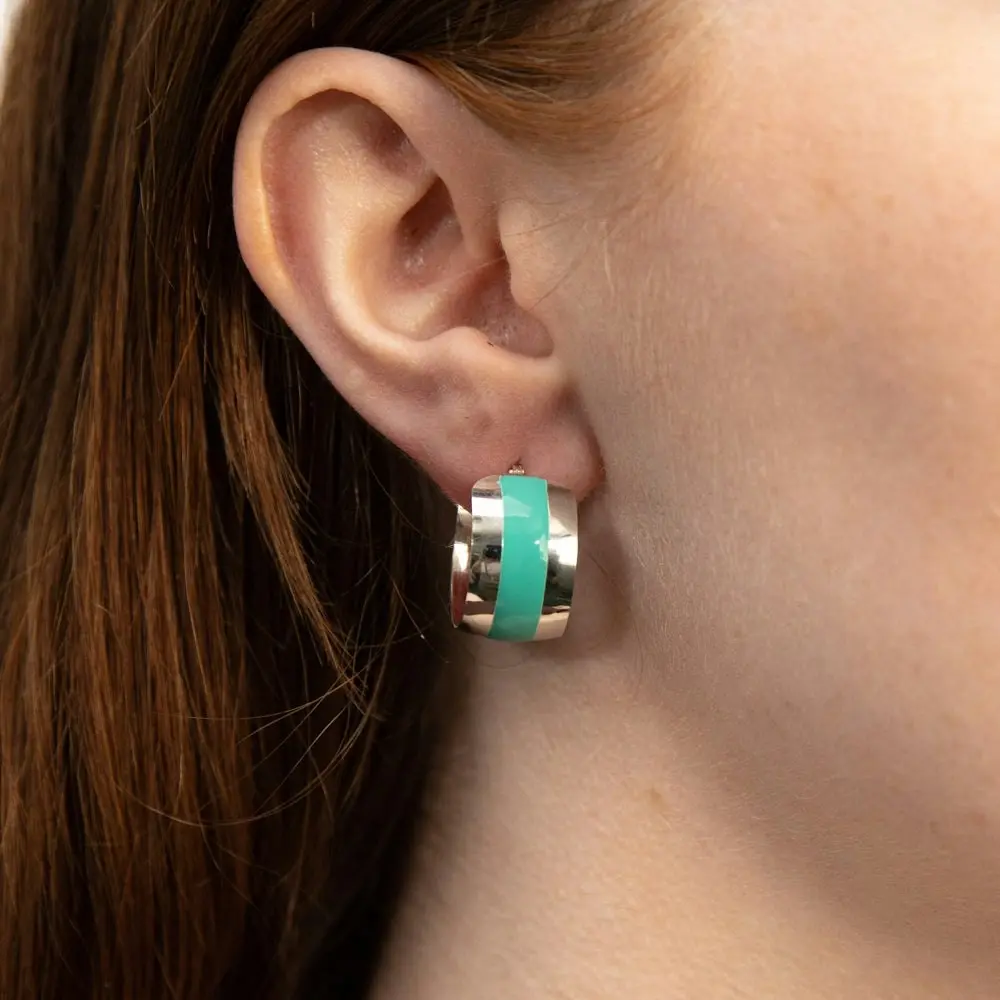 Sterling Silver Aqua Enamel On Wide Hoop Earrings