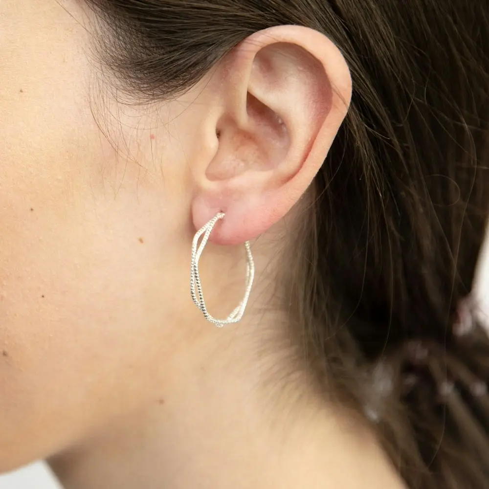 Sterling Silver Fancy Twin Hexagonal Hoops Earrings