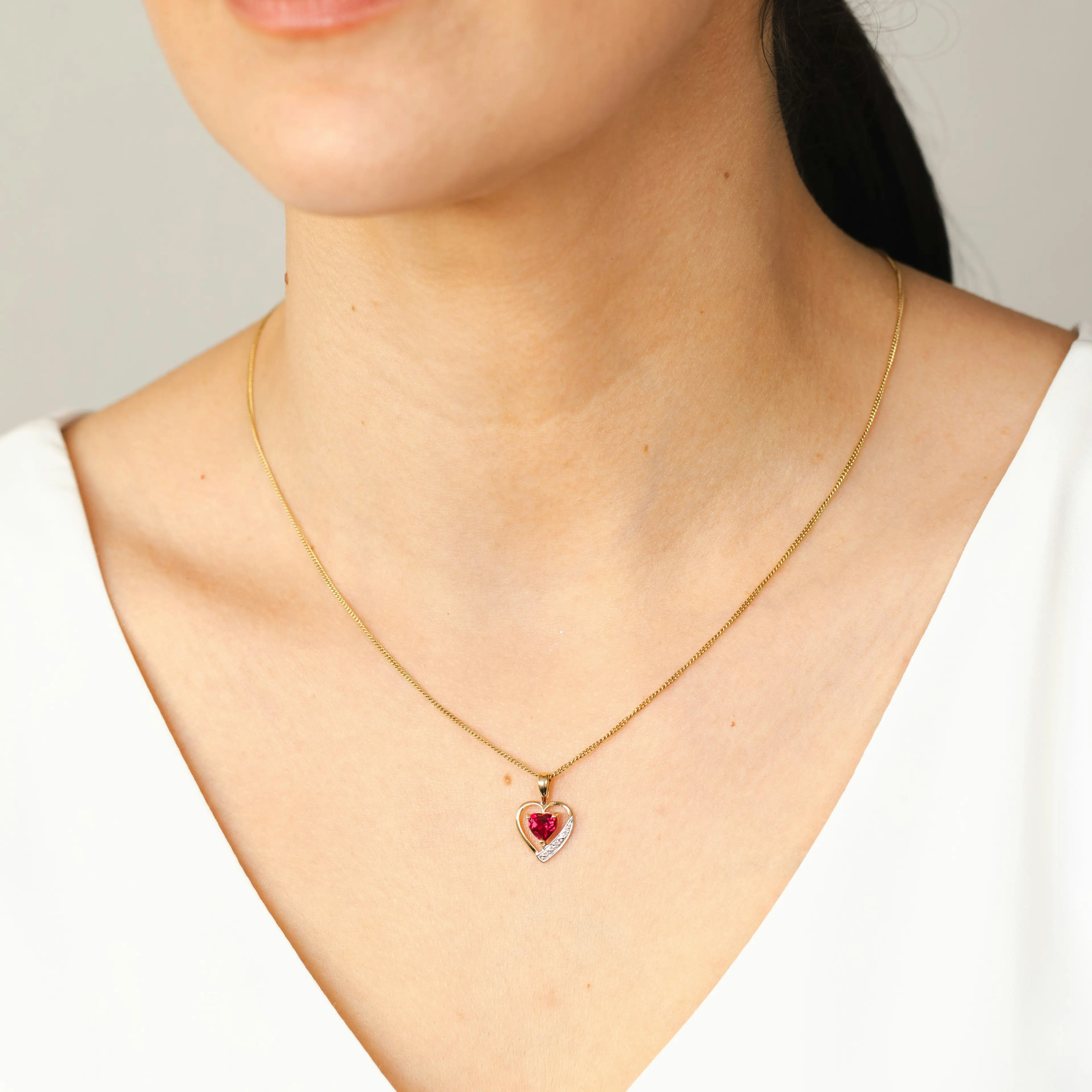 9ct Alluring Yellow Gold Created Ruby + Diamond Pendant