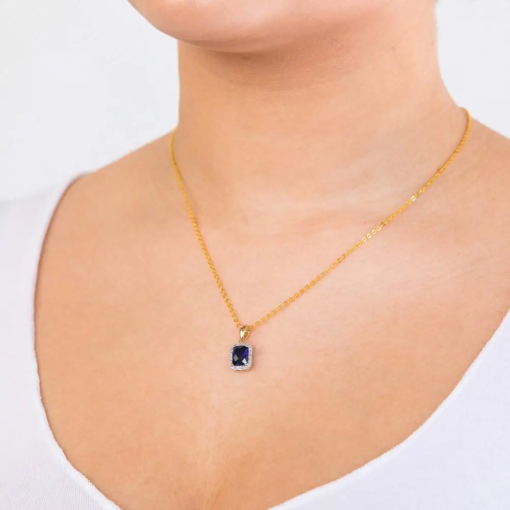 9ct Yellow Gold Created Sapphire and Diamond Pendant 46cm Gold Plated Chain