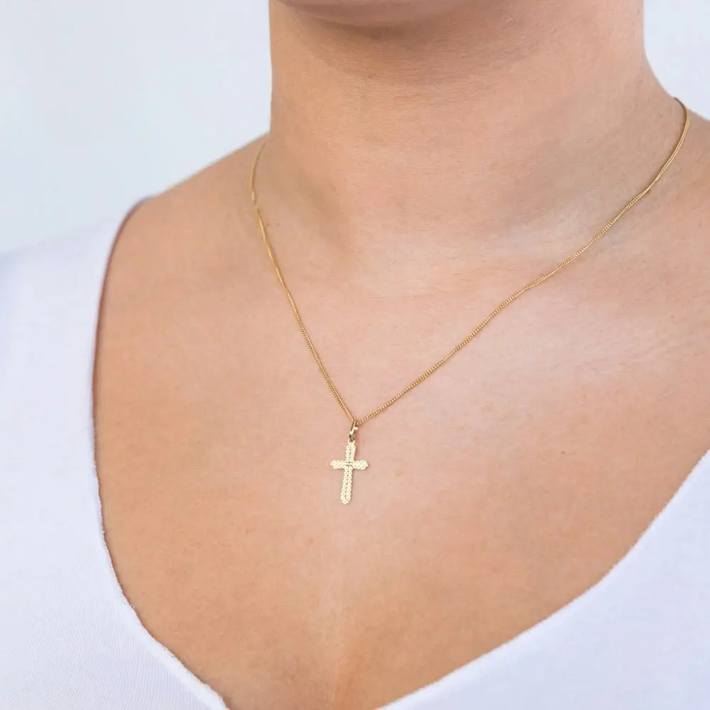 9ct Yellow Gold Plain & Diamond Cut 17mm Cross Pendant