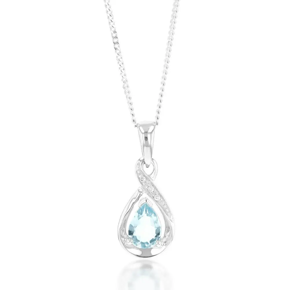 9ct White Gold Pear Shaped Aquamarine + Diamond Pendant