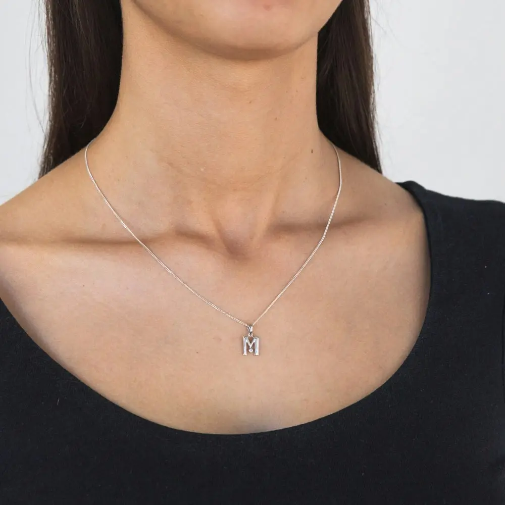 Silver Pendant Initial M set with Diamond