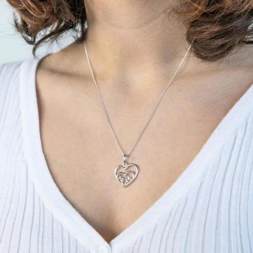 Sterling Silver Open Twin Hearts MOM Pendant