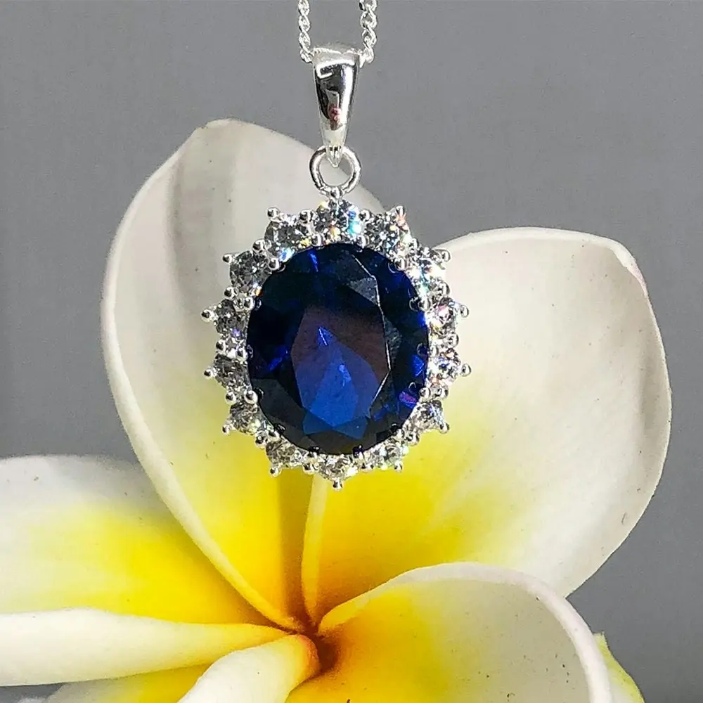 Sterling Silver Blue and White Zirconia Oval Pendant