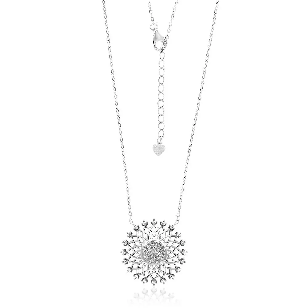 Sterling Silver Cubic Zirconia Flower Pendant on 42+3cm Chain