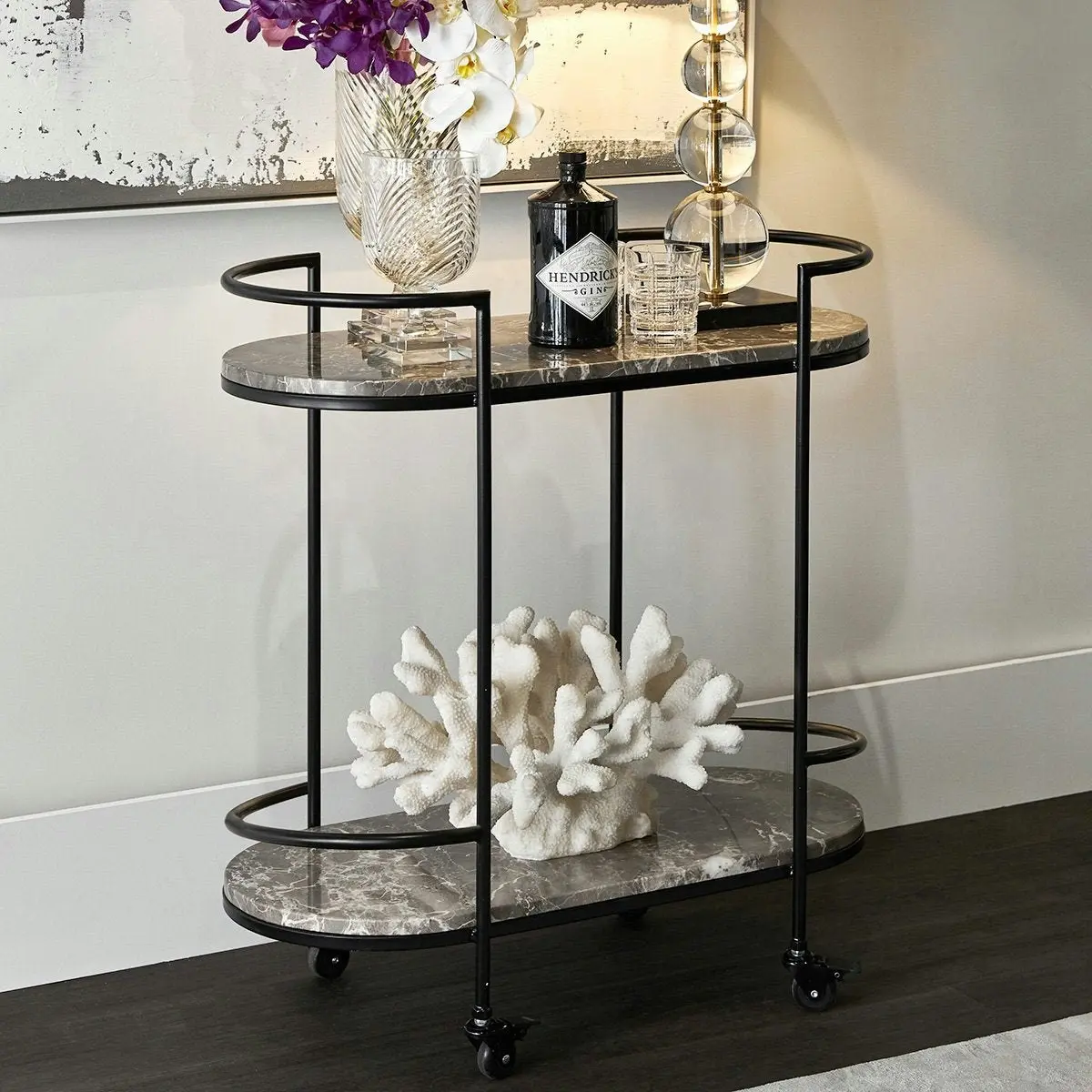 Southside Grey Marble Bar Cart - Black