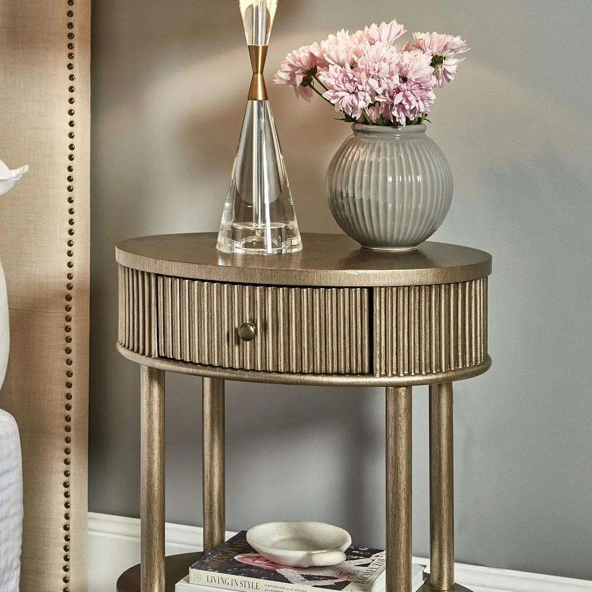 Arielle Oval Bedside Table - Antique Gold