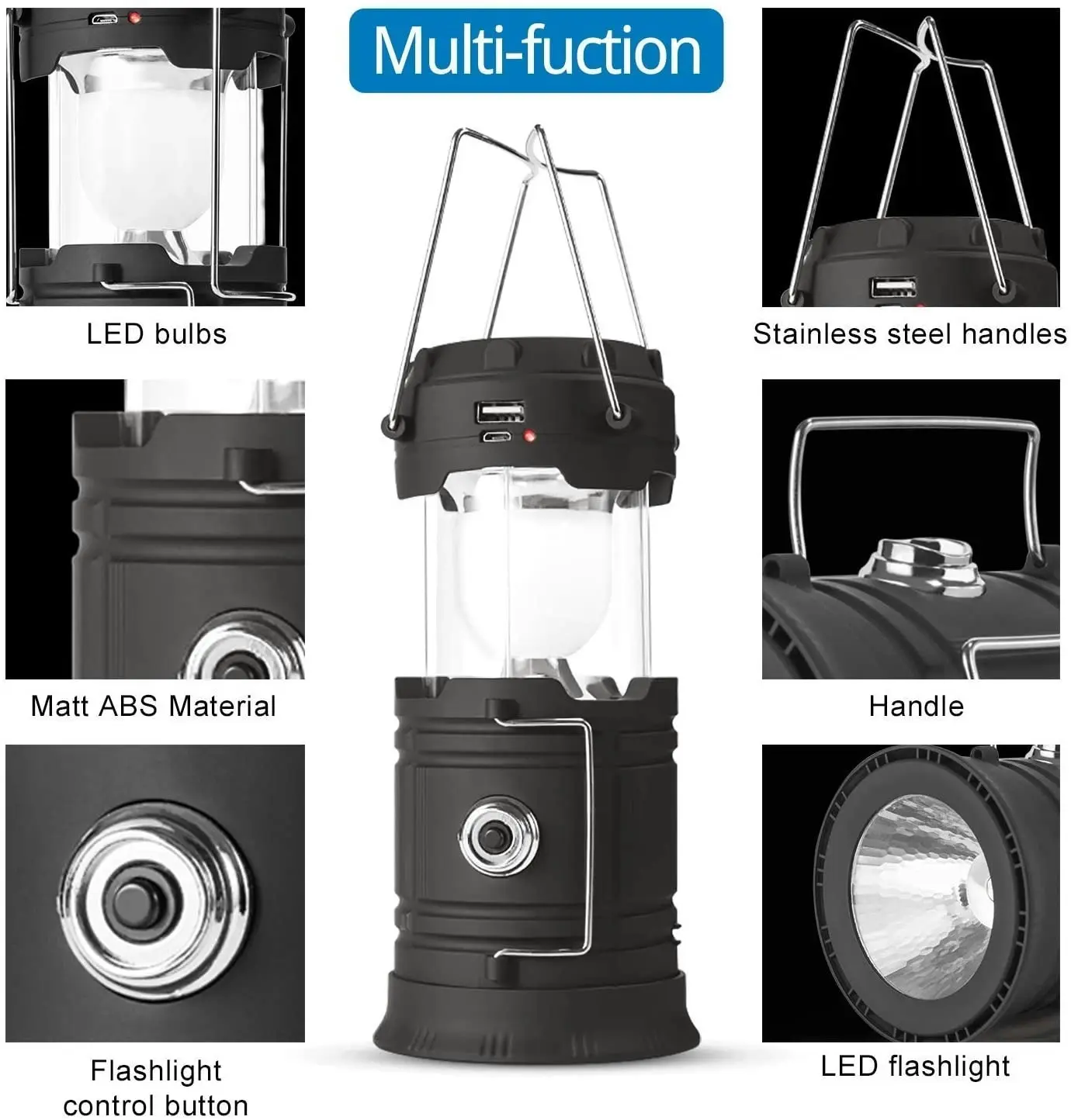 7 LED Camping Lantern Rechargeable Battery USB Output Hiking Torch 800lux - Black