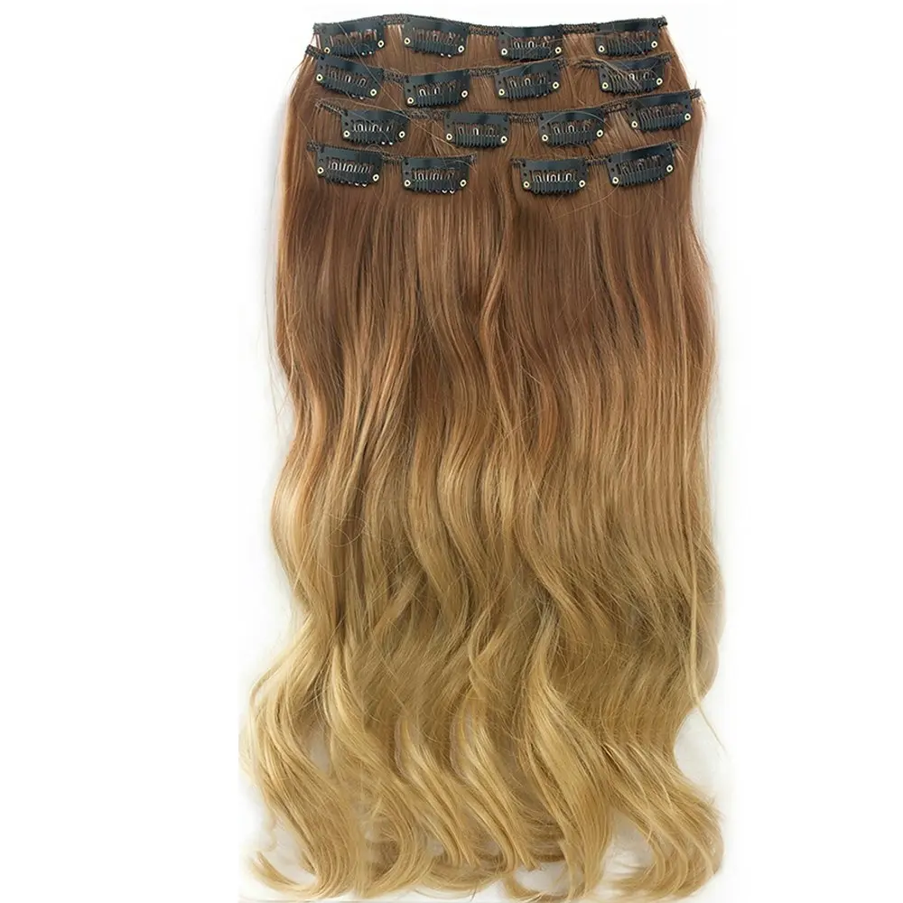 Two Tone Ombre High Grade Brown Blonde Curly Hair 7Piece 16Clips 24" Hair Extension 03