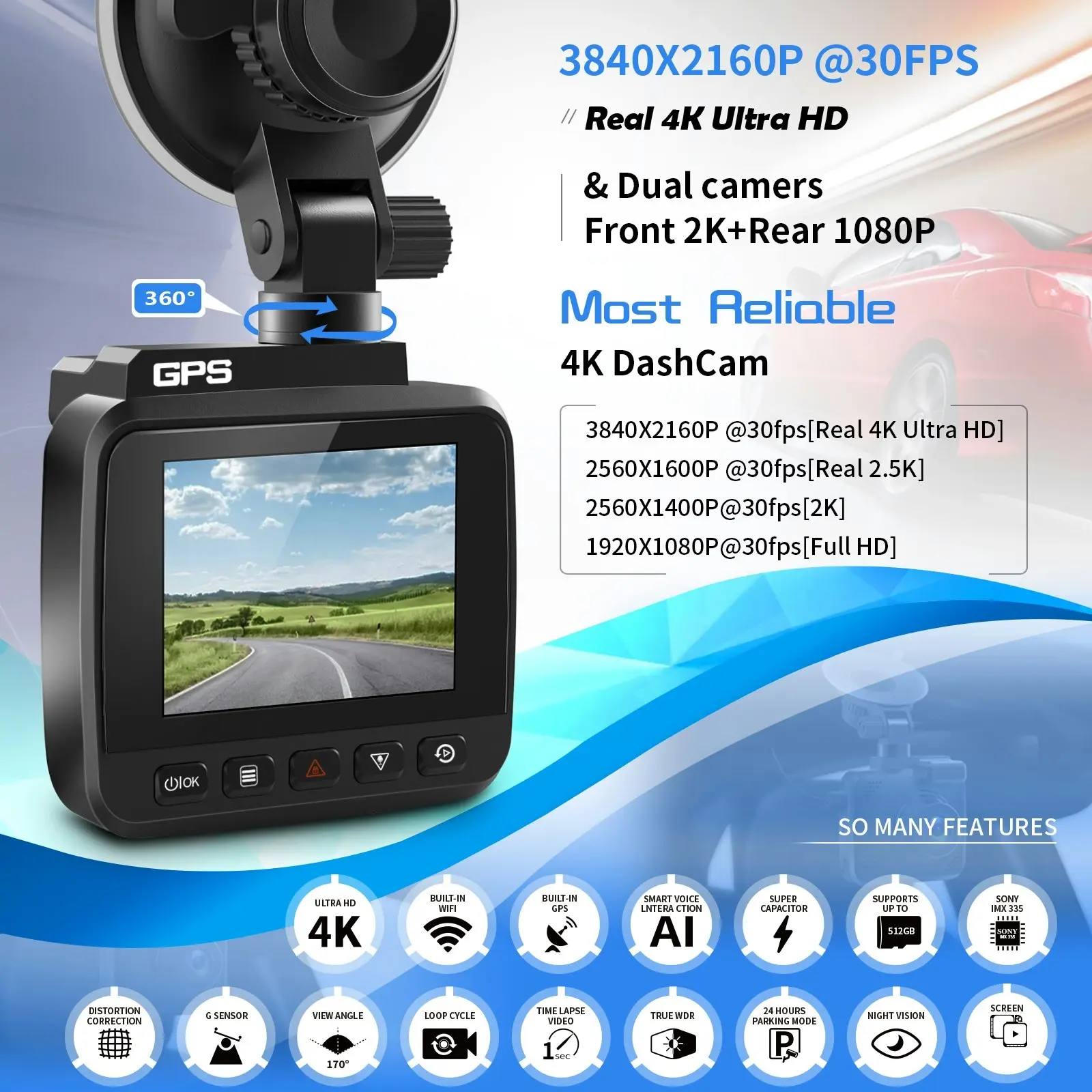 4K UHD In Car DVR Crash Camera Recorder WiFi GPS Built In 2" IPS LCD Front Rear Cam