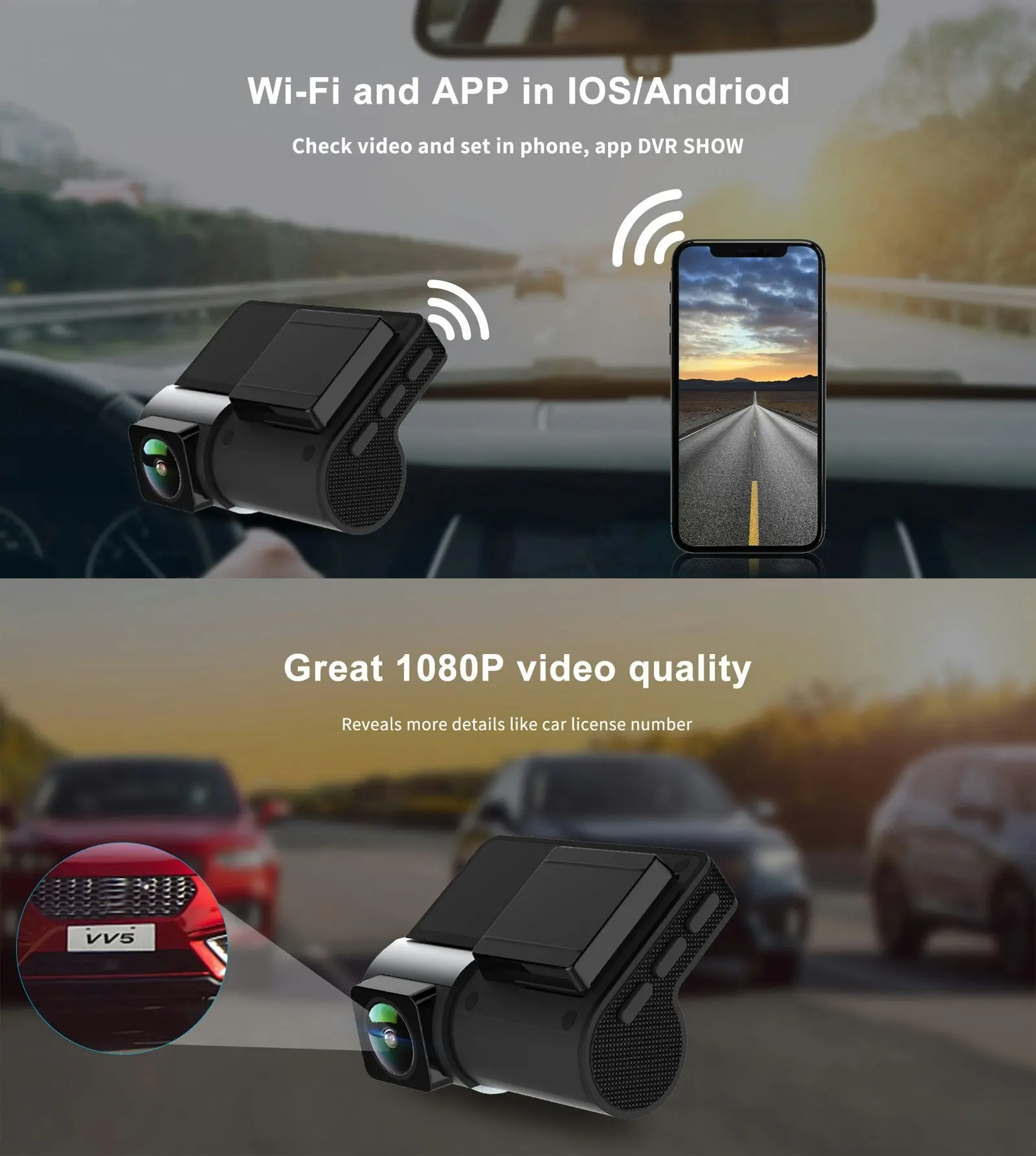 1080P FHD In Car DVR Crash Camera Recorder Front Camera WiFi MicroSD Input 120mA Battery