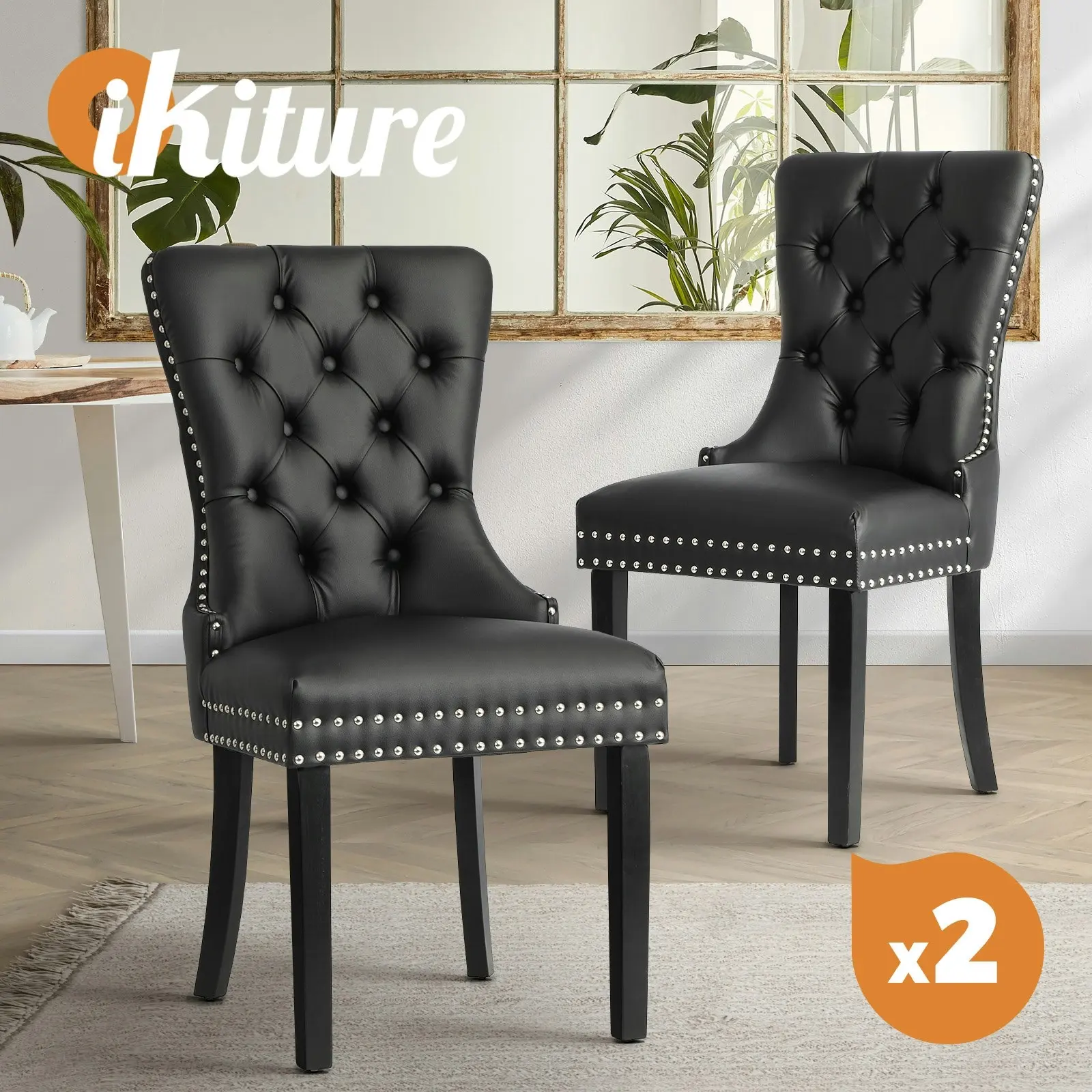 Oikiture 2x Dining Chairs Upholstered French Provincial Tufted PU Leather Black