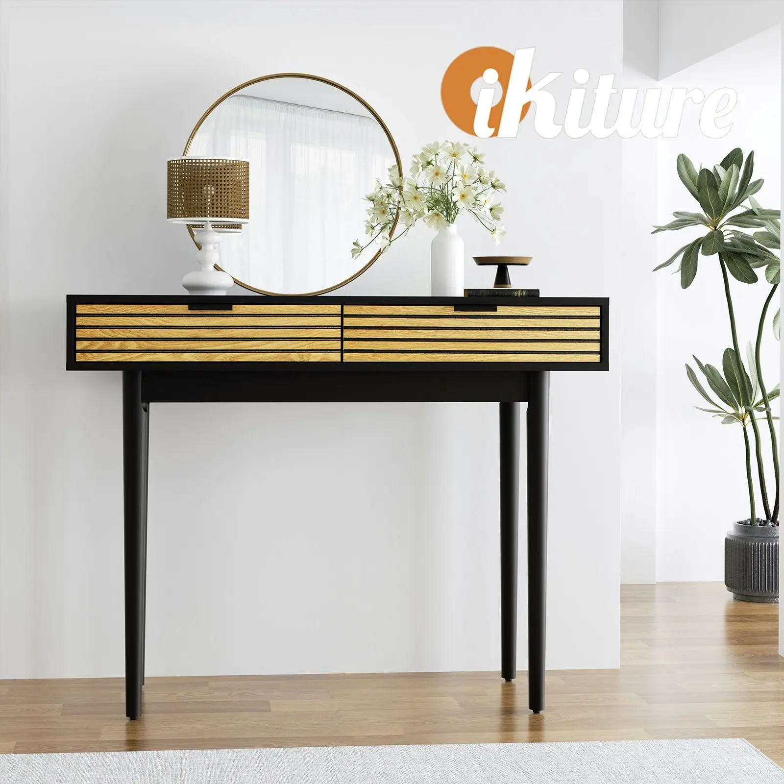 Oikiture Console Table Entry Hallway Side Table Display Desk w/Storage 2 Drawer Wood&Black