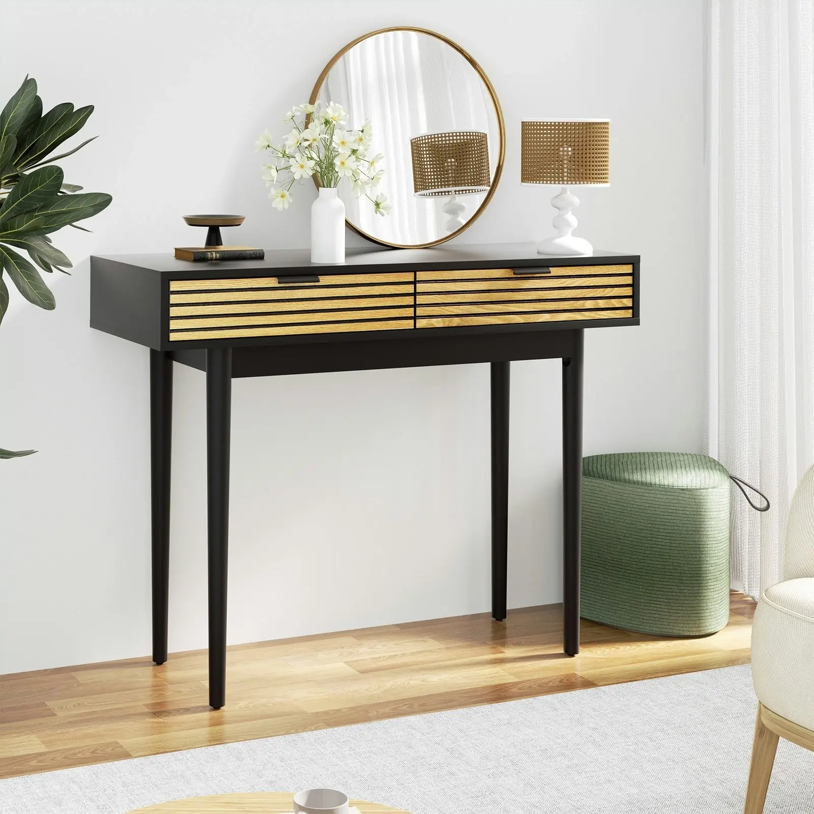 Oikiture Console Table Entry Hallway Side Table Display Desk w/Storage 2 Drawer Wood&Black