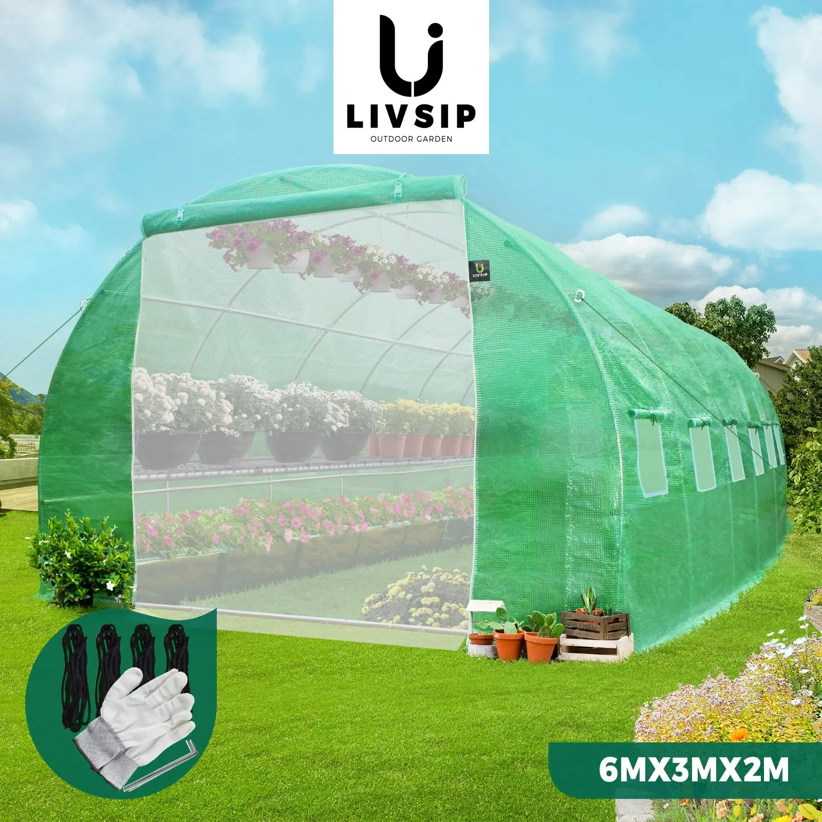 Livsip Greenhouse 6X3X2M Garden Shed Tunnel Green House Walk in Storage Plant