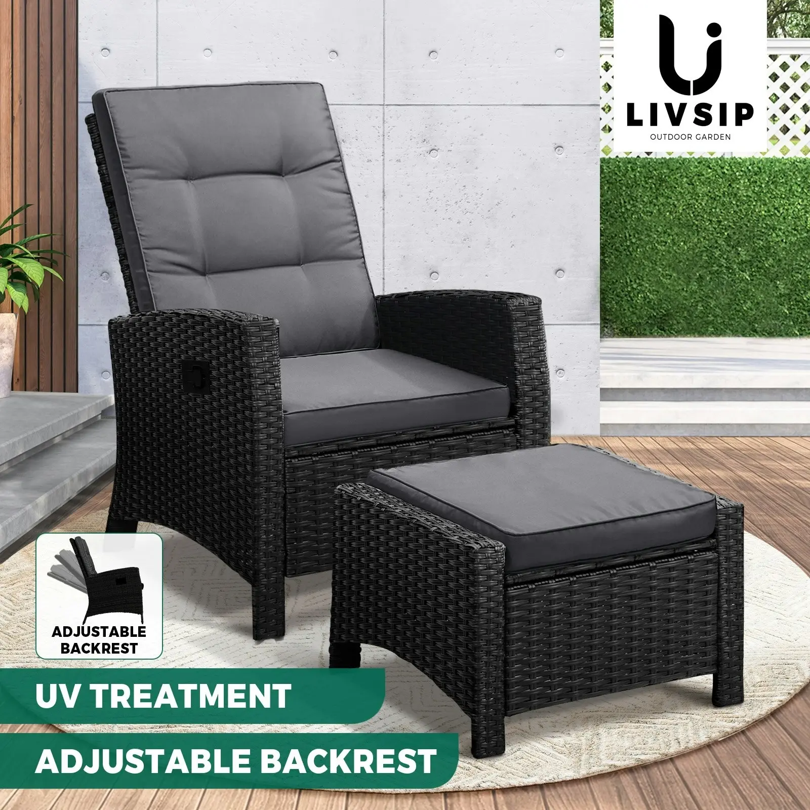 Livsip Outdoor Recliner Chairs Sun Lounge Wicker Sofa Patio Furniture Garden