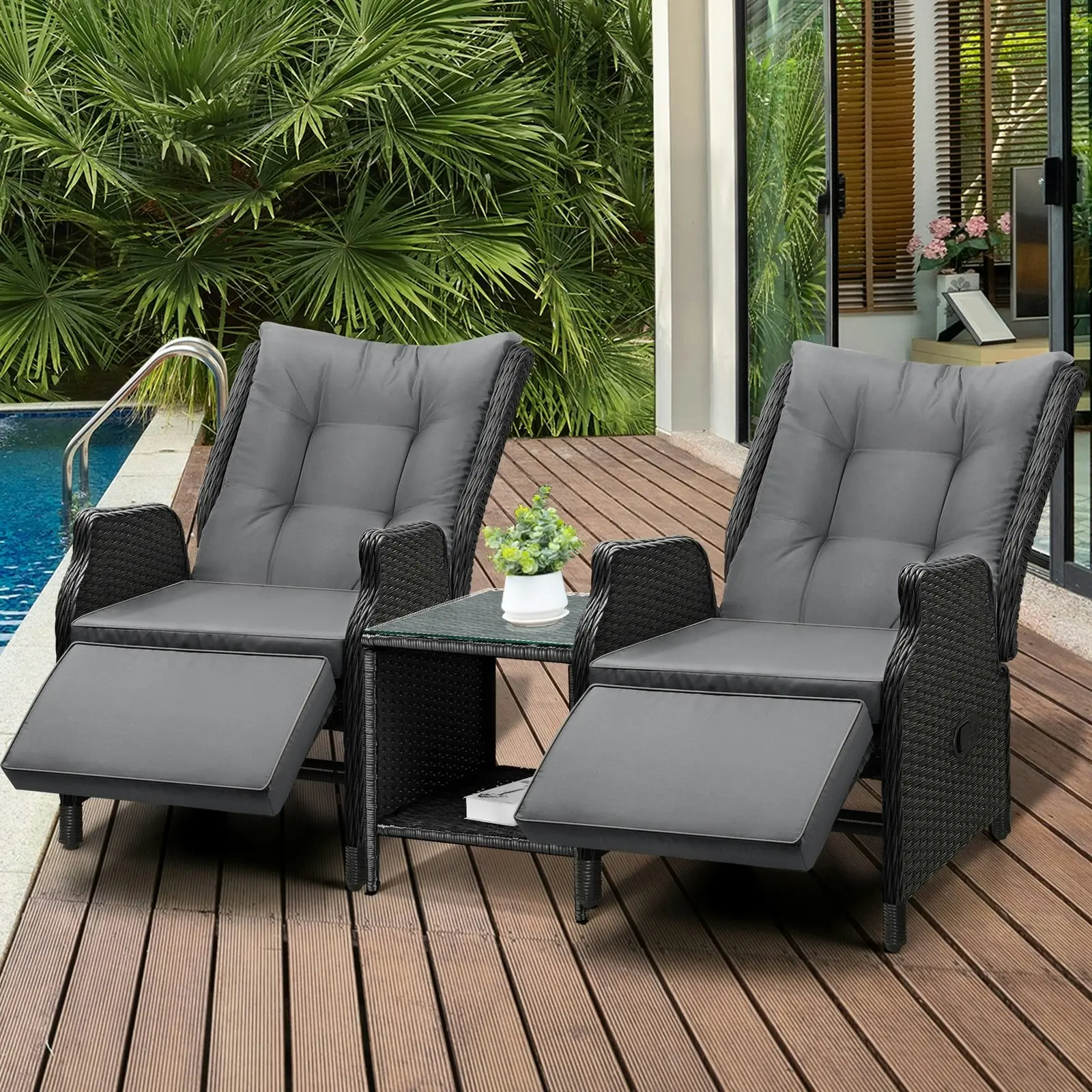 Livsip Sun Lounge Outdoor Recliner Chair &Table Outdoor Furniture Patio Set of 3