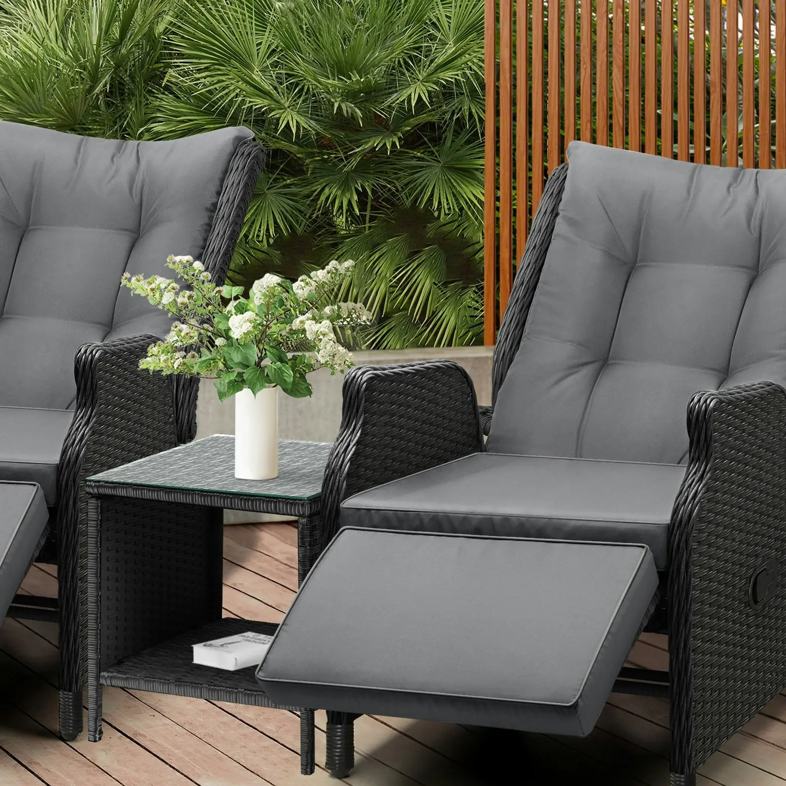 Livsip Sun Lounge Outdoor Recliner Chair &Table Outdoor Furniture Patio Set of 3