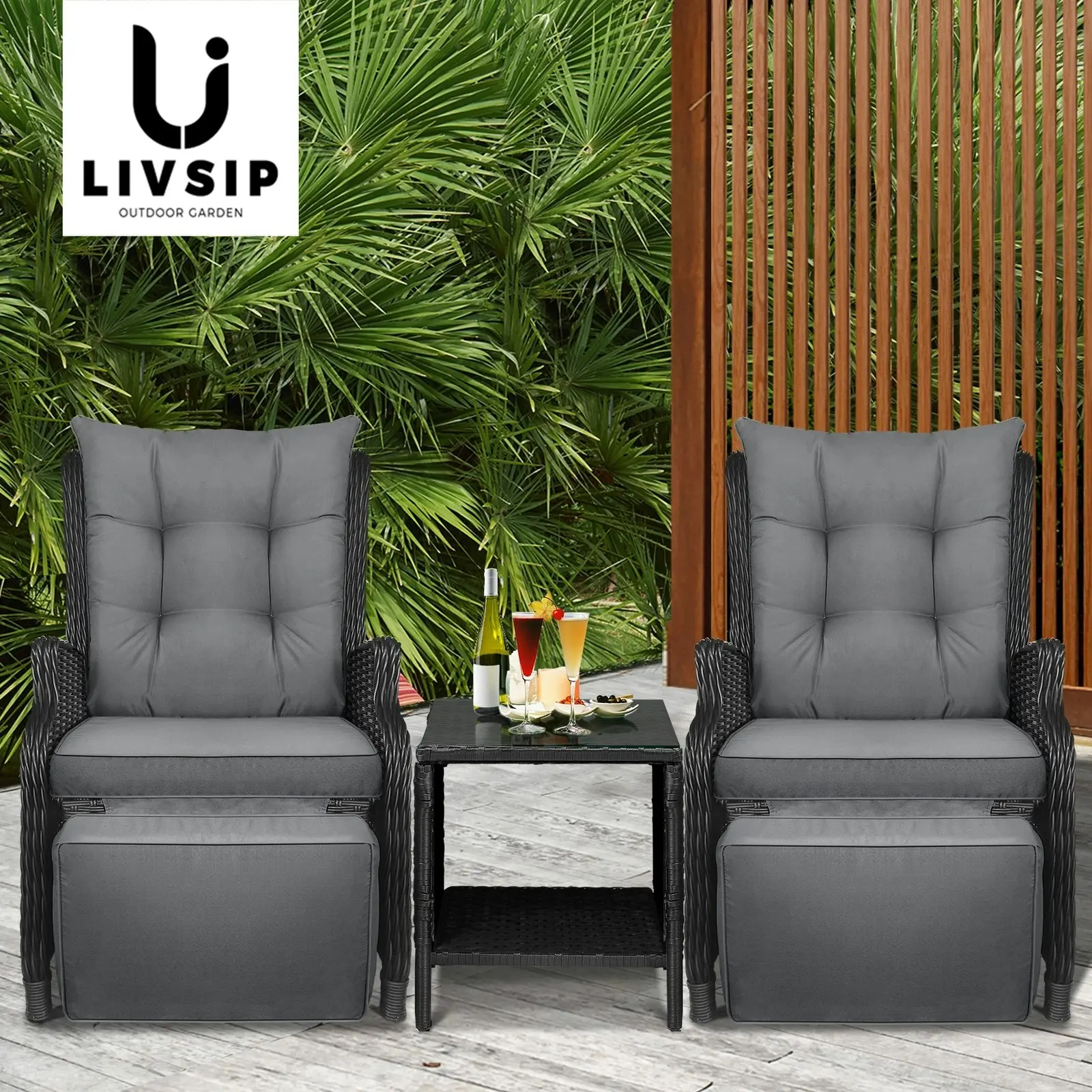 Livsip Sun Lounge Outdoor Recliner Chair &Table Outdoor Furniture Patio Set of 3