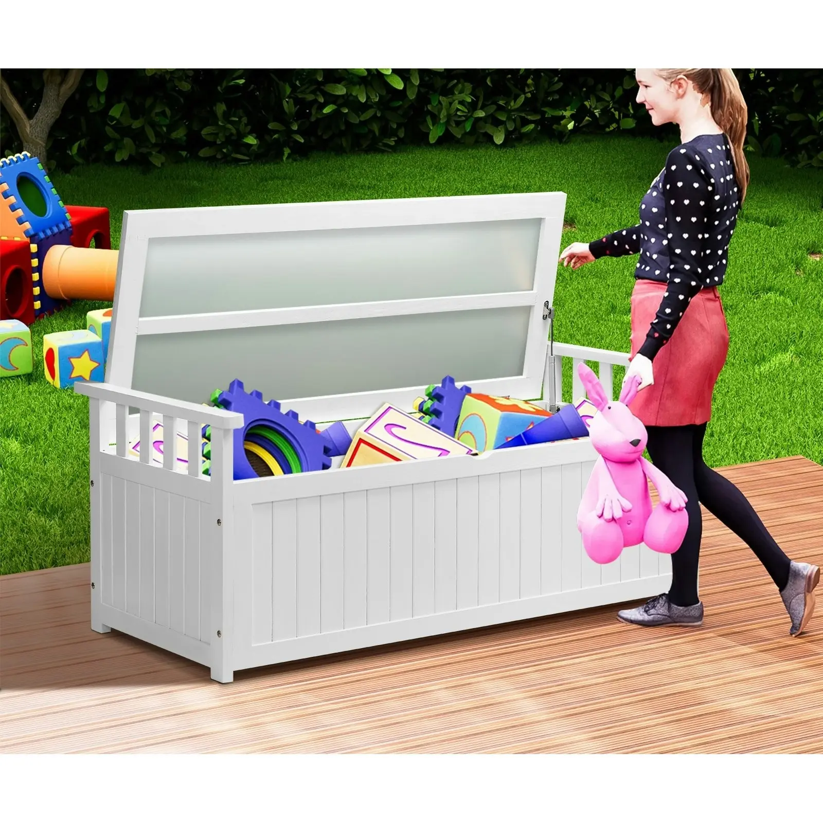 Livsip Outdoor Storage Box Garden Bench Wooden Cabinet Container Chest Toy Tool