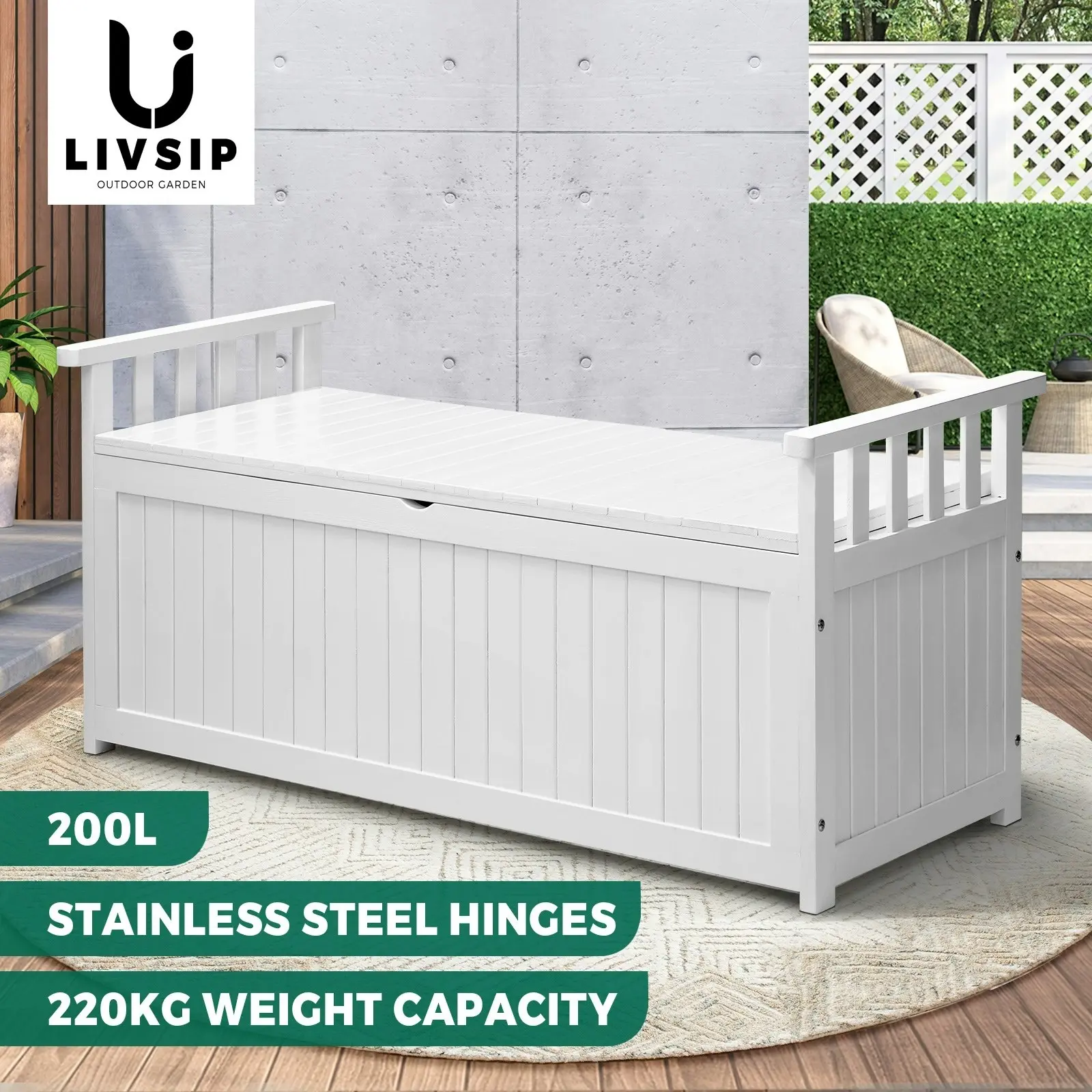 Livsip Outdoor Storage Box Garden Bench Wooden Cabinet Container Chest Toy Tool