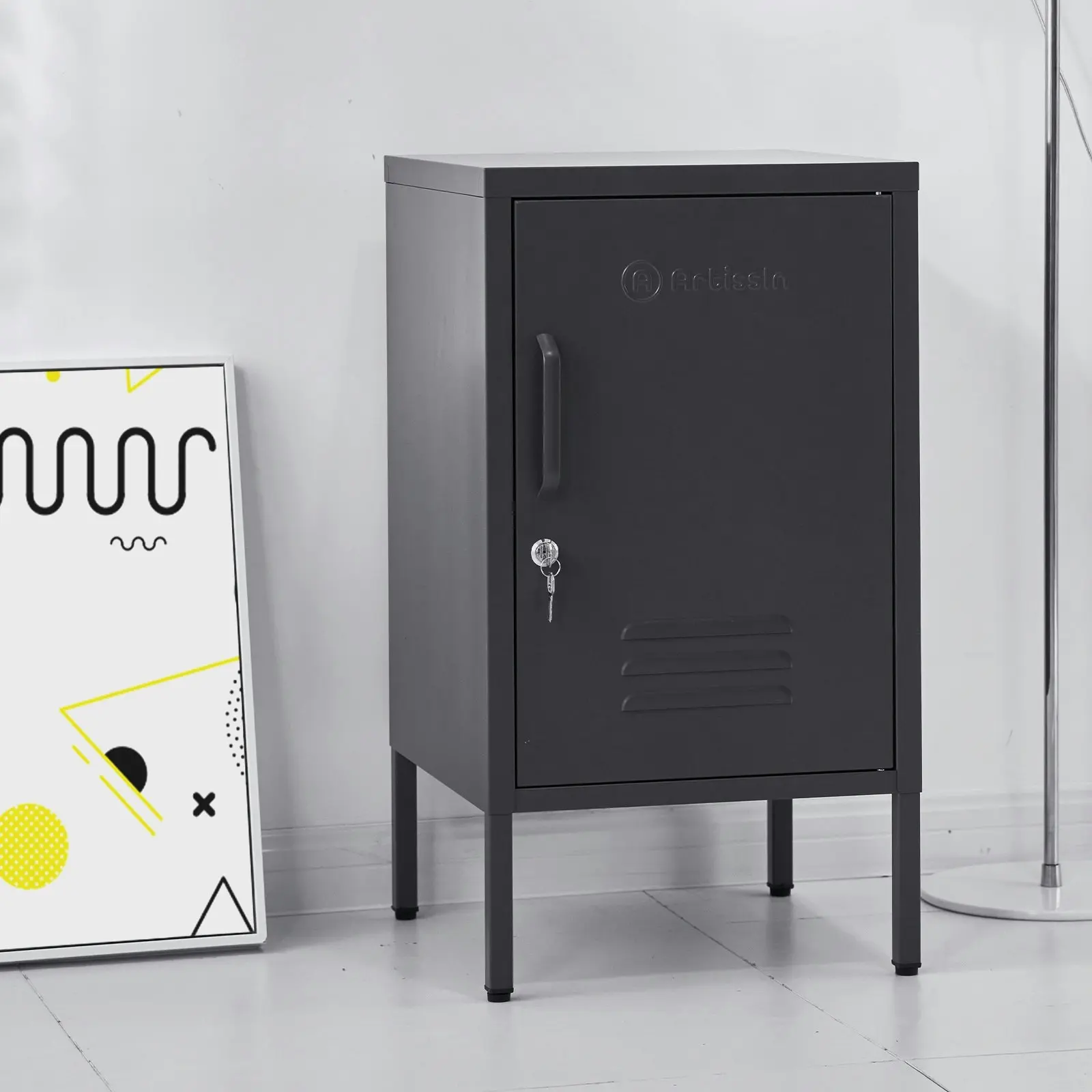 ArtissIn Bedside Table Metal Cabinet - Black