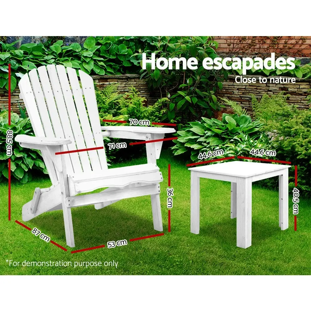 Gardeon 3PC Adirondack Outdoor Table and Chairs Wooden Foldable Beach Chair White