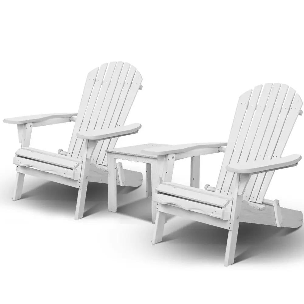 Gardeon 3PC Adirondack Outdoor Table and Chairs Wooden Foldable Beach Chair White