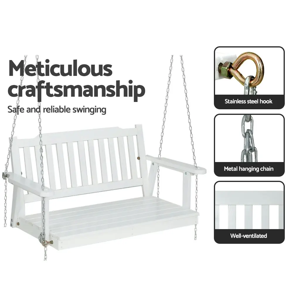 Gardeon Porch Swing Chair With Chain Outdoor Furniture Wooden Bench 2 Seat White