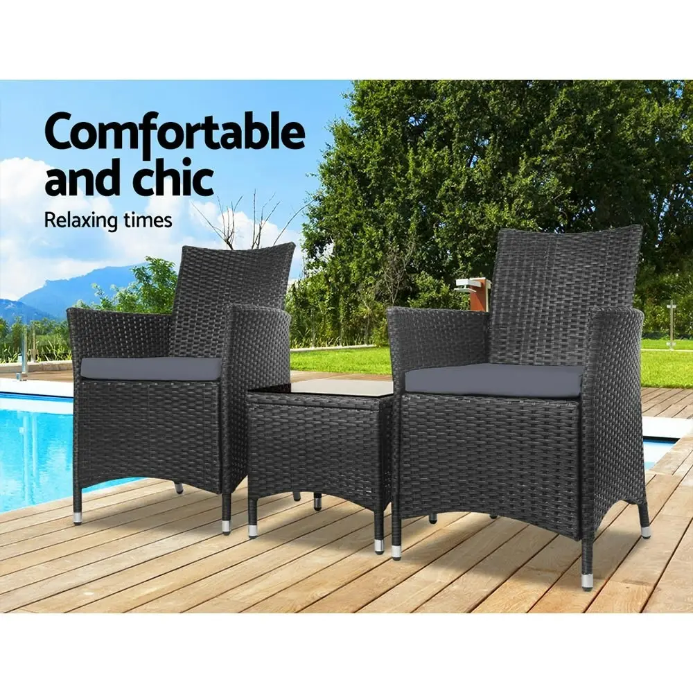 Gardeon 3PC Outdoor Bistro Set Patio Furniture Wicker Chairs Table Cushion All Black