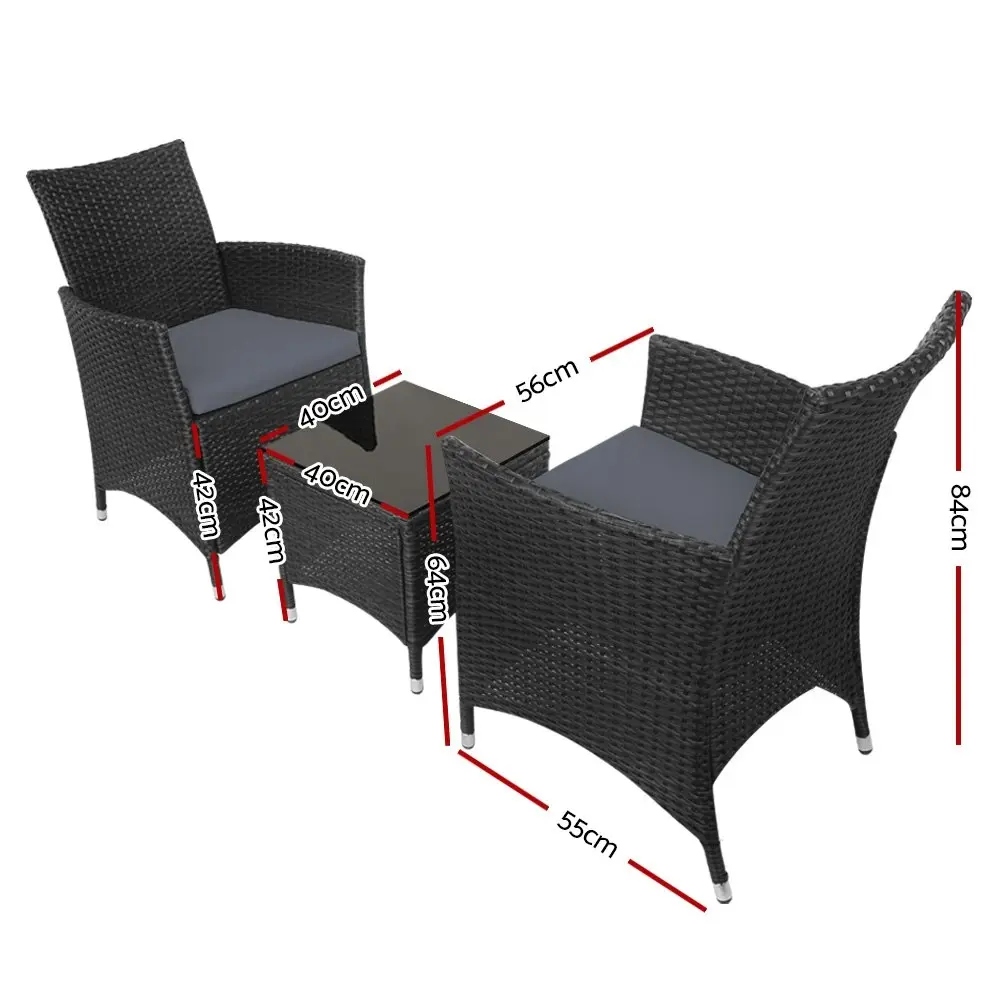 Gardeon 3PC Outdoor Bistro Set Patio Furniture Wicker Chairs Table Cushion All Black