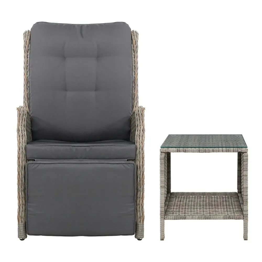 Gardeon 3PC Recliner Chairs Table Sun lounge Outdoor Furniture Wicker Adjustable Grey