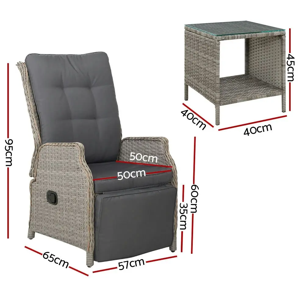 Gardeon 3PC Recliner Chairs Table Sun lounge Outdoor Furniture Wicker Adjustable Grey