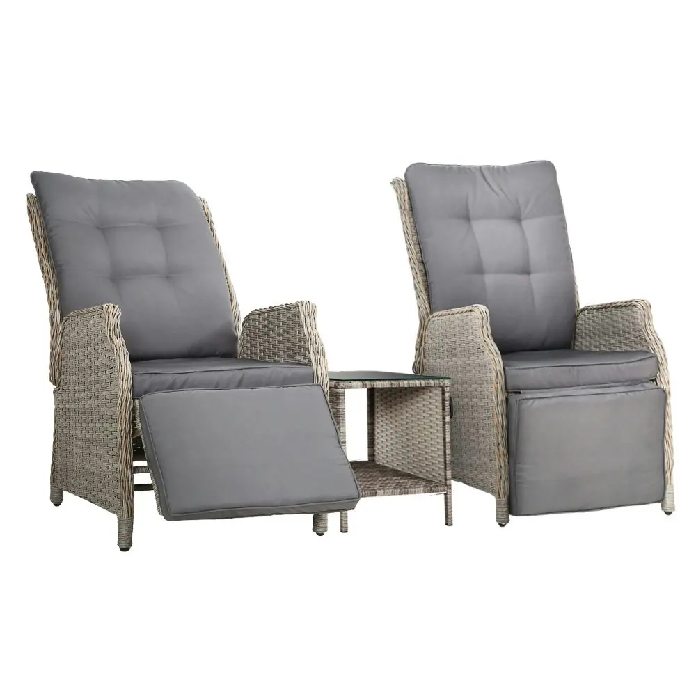 Gardeon 3PC Recliner Chairs Table Sun lounge Outdoor Furniture Wicker Adjustable Grey