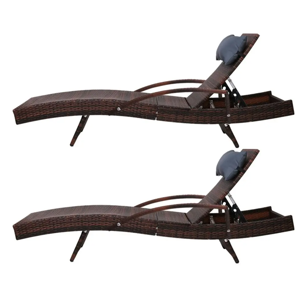 Gardeon 2x Sun Lounge Wicker Lounger Outdoor Furniture Beach Chair Armrest Adjustable Brown