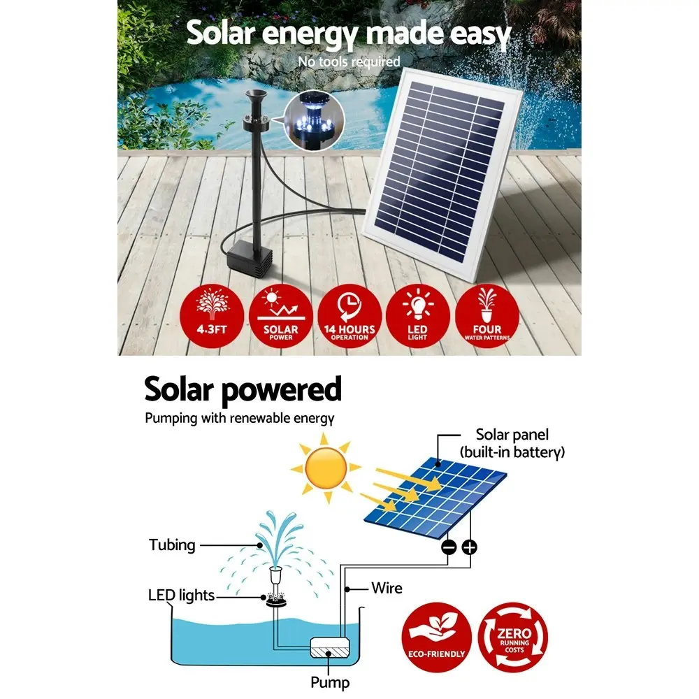 Gardeon Solar Pond Pump Submersible Water Fountain with Battery Kit LED Lights 4.3FT