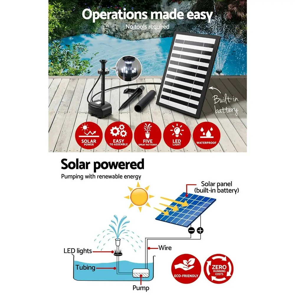 Gardeon Solar Pond Pump with Battery LED Lights 4 FT