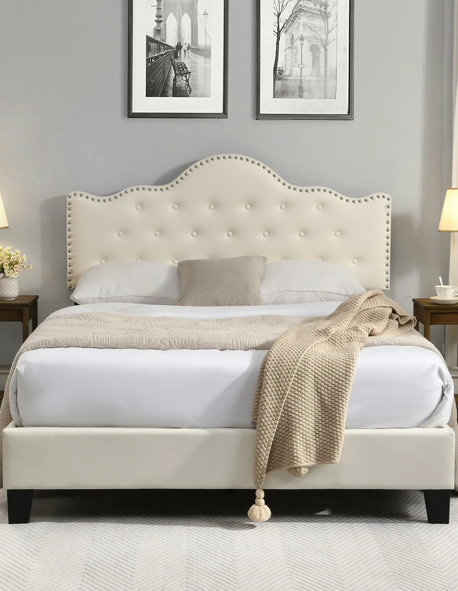 IHOMDEC Upholstered Button Tufted Double Bed Frame BEF05 Beige