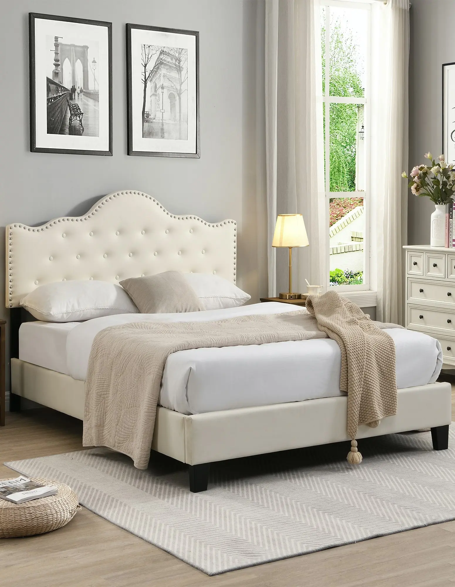 IHOMDEC Upholstered Button Tufted Queen Bed Frame BEF05 Beige