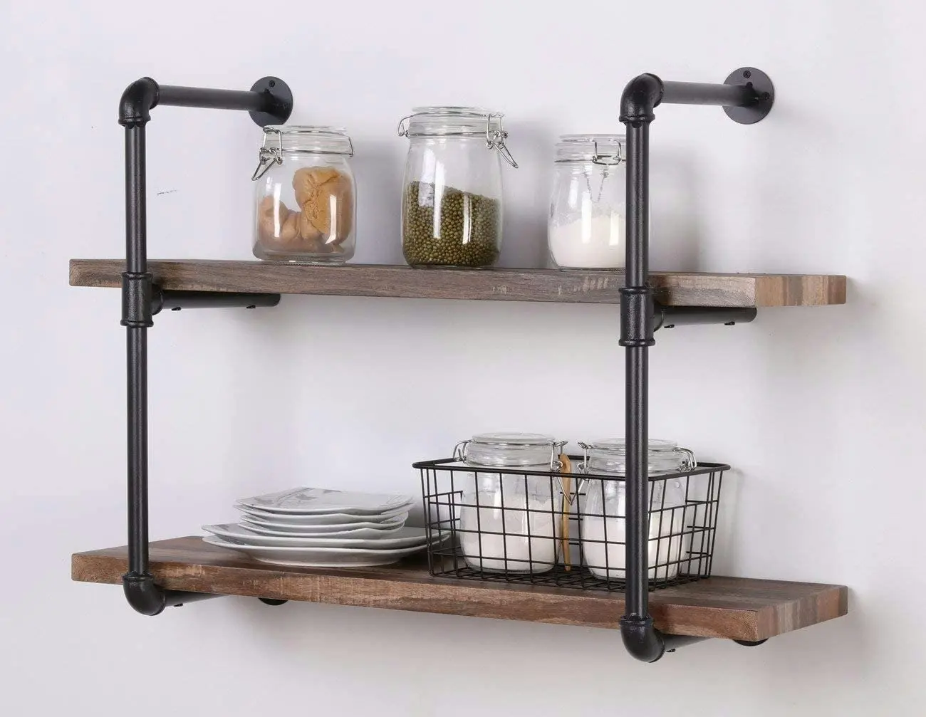 IHOMDEC 2 Tier Rustic Pipe Wall Shelving Unit Retro Brown