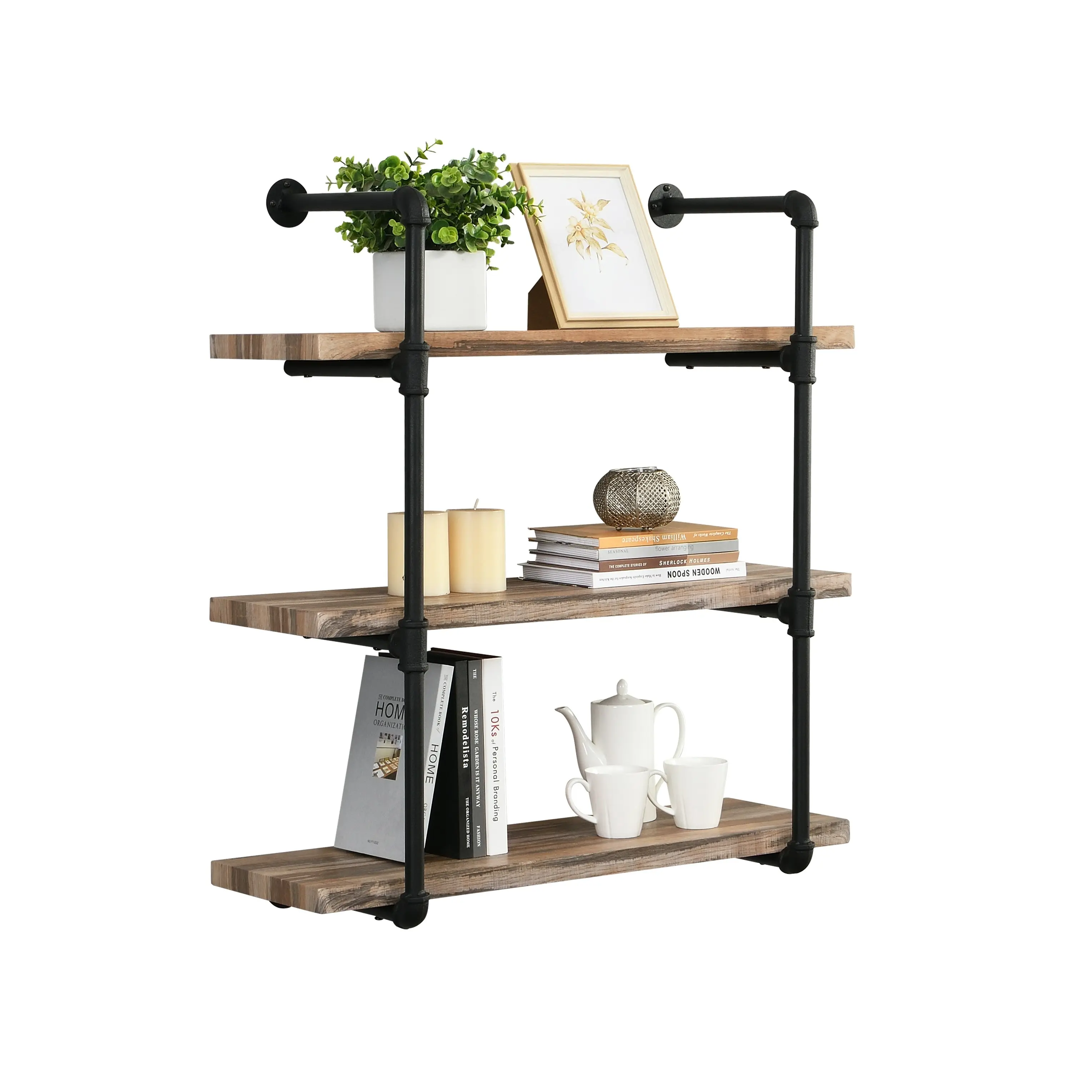 IHOMDEC 3 Tier Industrial Pipe Wall Shelf Retro Brown