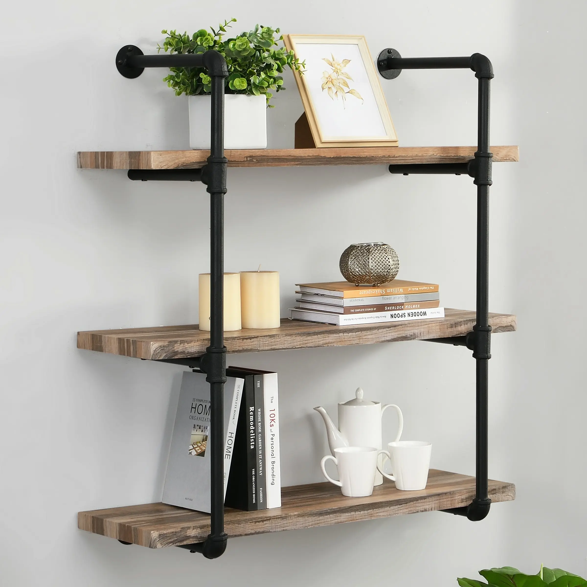 IHOMDEC 3 Tier Industrial Pipe Wall Shelf Retro Brown