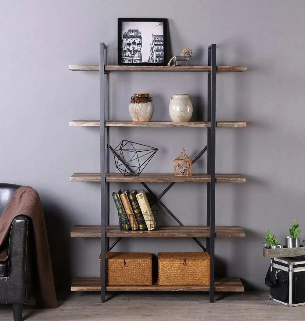 IHOMDEC 5 Tier Industrial Wood and Metal Bookshelves Retro Brown