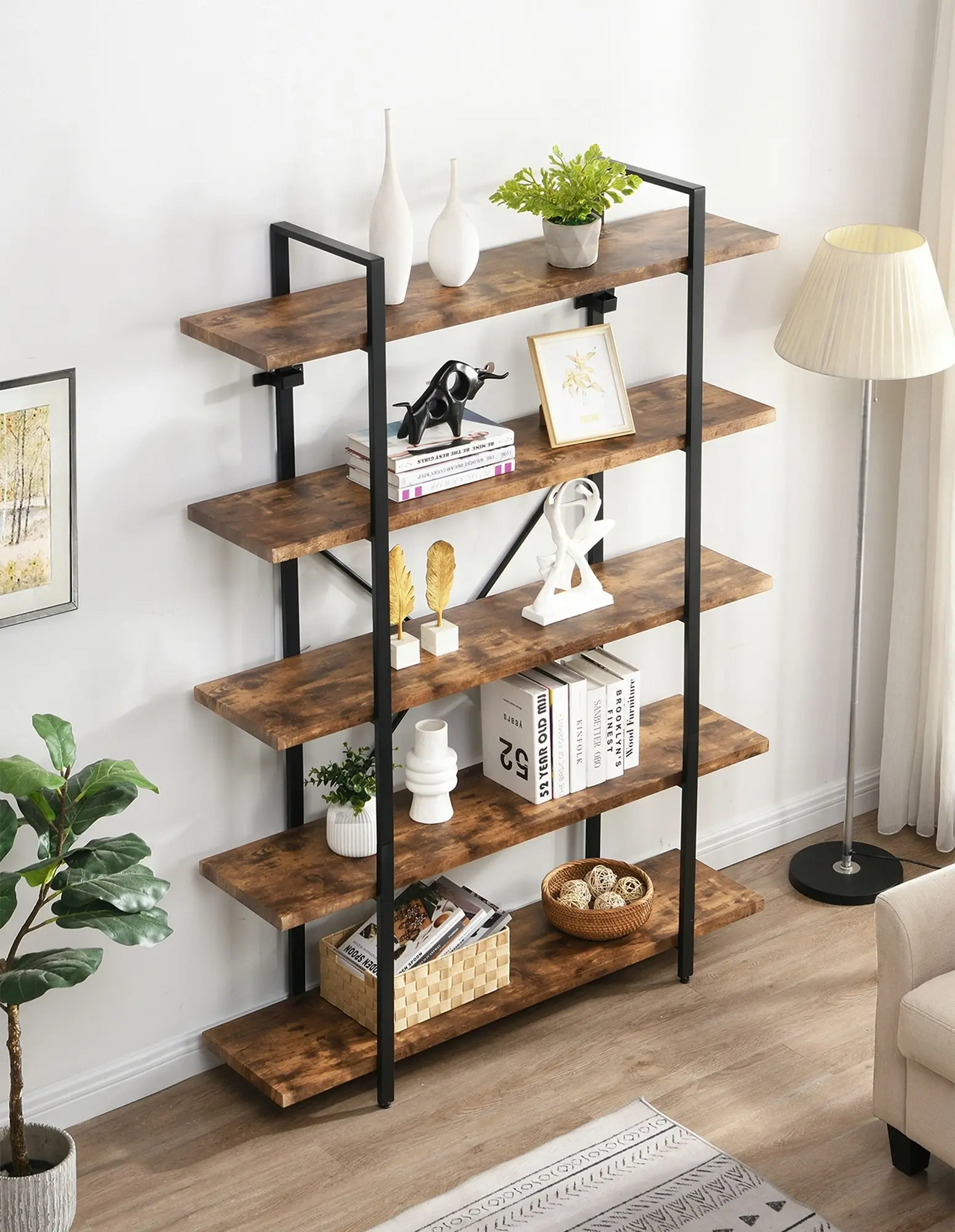 IHOMDEC 5-Tier Industrial Style Bookshelf Rustic Dark Brown